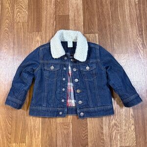 H&M Kids Blue Denim Jacket with Cream Sherpa Collar and Plaid Lining